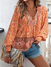 cheap Boho Tops-Women&#039;s Boho Shirt Blouse Flower Modern Boho Long Sleeve V Neck Regular Tops Daily Going out Print Yellow Pink Navy Blue Blue Orange Summer
