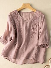 ieftine Cămăși-Cămașă de damă din bumbac și in, model floral, simplu, etnic, casual, mânecă 3/4, decolteu în V, croială regulată, topuri, zi de zi, brodat, galben, albastru marin, violet, portocaliu, caisă, vară