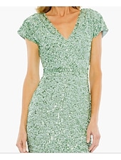 abordables Longueur du thé-Robe fourreau/colonne en dentelle à paillettes vert bleu pour mère de la mariée, élégante, simple et luxueuse, col en V, longueur thé, longueur midi, tulle, manches courtes, 2025