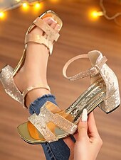 economico Sandali Eleganti-sandali da donna con tacco basso e glitter oro con dettagli ritagliati – scarpe da festa glamour per serate e cocktail