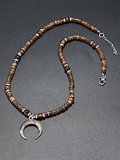 cheap Men&#039;s Jewelry-Men&#039;s Lava Rock Beaded Necklace with Turquoise and Crescent Moon Pendant - Boho Style, Adjustable Length, Unisex for Casual Wear, Outdoor and Daily Use