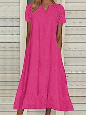 abordables Robe Simple-Femmes Robe Midi Robe trapèze Robe d&#039;été Occasionnel Quotidien Coupe régulière Uni Manche Courte Col en V Noir Blanche Fuchsia Été