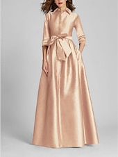 preiswerte GELB-A-Linien-Abendkleid Champagner Gold Minimalistisches Kleid Formal Hochzeitsgast Bodenlang Halber Ärmel Hemdkragen Satin mit Schleife(n) Falten