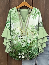 billige Blomstrete topper-Dame Bluse Nyanse Blomstret Grafisk Elegant Bohem Etnisk 3/4 ermer V-hals Vanlige topper Daglig Ferie Ferieklær Trykt mønster Gul Rosa Blå Lilla Grønn Sommer Vår Høst