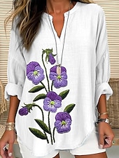voordelige Vrouwen vakantie tops-Dames Overhemd Bloem Dagelijks Stijlvol Basic Lange mouw V-hals Normale tops Dagelijks Feestdagen Afdrukken Zwart Wit Rood Lente Herfst