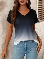 ieftine tricou Art &amp; Design-Pentru femei Tricou Grafic Gradiant Epocă Stilat Clasic Manșon scurt În V Topuri obișnuite Zilnic Imprimeu Negru Roșu-aprins Albastru piscină Vară Primăvară