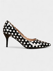 preiswerte 1950er Jahre-Damenpumps mit spitzer Zehenpartie und schwarzen und weißen Punkten, Lackleder-Kitten Heels fürs Büro, Partys im Retro-Stil der 1950er und Cocktail-Events