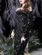 cheap BLACK-Mermaid / Trumpet Quinceanera Dresses Elegant Dress Formal Wedding Floor Length Long Sleeve Off Shoulder Sequined with Sequin