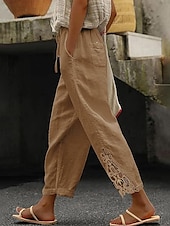 abordables Pantalon uni en coton et lin-Femmes Pantalon texturé en polycoton et lin Pantacourt Mode Streetwear Confort Longueur cheville Taille Moyenne Uni Dentelle Confortable Rue Tenue quotidienne Sortir Noir Blanche Bleu Vert Été Coupe