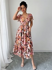 abordables Robes de cocktail-Robe de Quinceanera A-Line Robe élégante Mariage Invité de mariage Longueur thé À manches courtes Col en V Chiffon avec imprimé floral Robe d&#039;invitée de mariage 2025