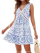 tanie Sukienki boho-Damskie Sukienka mini Sukienka A line Codzienny Na zewnątrz Wyjściowe Regularny Kwiaty Graficzny Bez rękawów W serek Czarny Czerwony Niebieski Zielony Lato Wiosna
