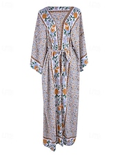 preiswerte Kaftane-Damen Badeanzug Überwurf Bademode Vorderknoten Strandbekleidung Boho Blume V Ausschnitt Langarm Badeanzüge