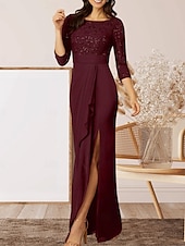 cheap Floor Length-Mermaid / Trumpet Mother of the Bride Dress Wedding Guest Elegant Sparkle &amp; Shine Crew Neck Floor Length Chiffon Lace 3/4 Length Sleeve with Lace Ruffles Split Front
