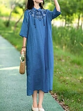 ieftine Rochii-Pentru femei Rochii Midi Rochie din in bumbac Rochie florala Modă Modern Vacanță Zilnic Concediu Fit regulat Floare Manșon Jumate Guler de stand Roz Îmbujorat Albastru piscină Trifoi Caisă Vară