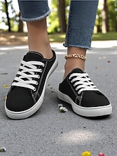 economico Sneakers da donna-Sneakers slip-on da donna in tela verde con lacci – comode scarpe da ginnastica senza schienale, ideali per passeggiate, shopping, corse a scuola e giornate estive informali