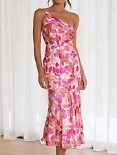 abordables Robes Floraux Imprimés-Femmes Robe Midi Robe Fleurie Robe Imprimée Mode Moderne Extérieur Vacances Week-end Coupe régulière Fleur Sans manches Une Épaule Jaune Bleu Violet Orange Été