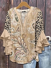 cheap Floral Tops-Women&#039;s Retro Blouse Layered Ruffle Sleeve Tops Vintage Floral Graphic Bohemia Vintage Daily 3/4 Length Sleeve V Neck Regular Tops Daily Holiday Vacation Wear Print Blue Khaki Summer Spring Fall