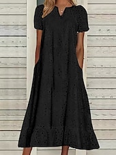 abordables Robe Simple-Femmes Robe Midi Robe trapèze Robe d&#039;été Occasionnel Quotidien Coupe régulière Uni Manche Courte Col en V Noir Blanche Fuchsia Été