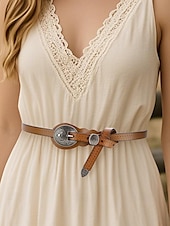 economico Cintura da donna-Cintura da donna in similpelle intagliata in stile western con fibbia vintage in argento per abiti boho, concerti estivi e abiti da sposa in stile country