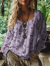 ieftine Topuri Boho-Bluză western pentru femei, cămașă boho, bluză cu imprimeu floral, modern, casual, mânecă lungă, decolteu în V, topuri obișnuite, zilnic, vacanță, ieșiri în oraș, imprimeu, verde deschis, roz, albastru, violet, verde, vară, toamnă