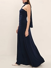 preiswerte BLAU-A-Linie Abendkleid Elegant Kleid Formell Hochzeitsgast Bodenlang Ärmellos Ein-Schulter Jersey mit Gerafft 2025