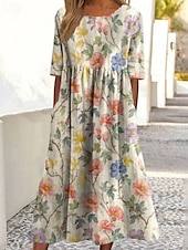 abordables Robes fleuries décontractées-Femmes Robe Midi Robe Décontractée Robe Fleurie Classique Moderne Extérieur Quotidien Fête Coupe régulière Fleur Manche Courte Col ras du cou Jaune Bleu Fuchsia Abricot Été