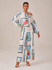 お買い得  ブラウス＆シャツ-女性用 女性 ブラウス フラワー 幾何学模様 果物 カジュアル 祝日 デイリーウェア パフスリーブ ホワイト ワンショルダー 長袖 エレガント 旅行度假风 カジュアル 普段着 ワンショルダー 夏 春 秋