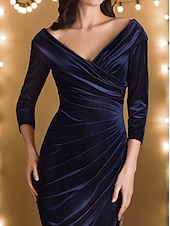 preiswerte ROT-Sammet Meerjungfrau  Trompete Abendkleid Elegantes Kleid Formelle Hochzeit Bodenlang 3/4 Länge Ärmel Off-Shoulder Porträtkragen mit gerafften
