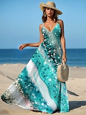 preiswerte Boho Kleider-Damen Maxikleid Sommerkleid A Linie Kleid Unterkleid Urlaub Lässig Fließend Strand Normale Passform Ombre Grafik Gestreift Ärmellos V Ausschnitt Smaragdgrün Sommer Frühling