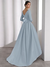 economico Abiti da cocktail-Abiti da Cocktail A-Line Blu Abito Elegante Formale Matrimonio Asimmetrico Maniche Lunghe Scollo a V Satin con Tasche