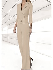 abordables Costumes-pantalons pour maman-Ensemble pantalon 2 pièces mère de la mariée invité de mariage élégant encolure en V longueur de sol chiffon extensible manches 3/4 wrap inclus avec boutons 2025 taille personnalisée gratuite