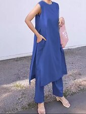 abordables Ensembles-Femmes Mode Streetwear Ensembles en coton et lin Ensembles de Pantalons Manche Courte Col ras du cou Uni Tenue quotidienne Date Rose Claire Bleu Vert Été Coupe régulière