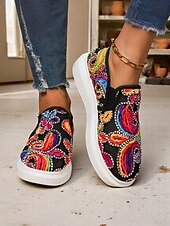 billige Sneakers til kvinner-Broderte slip-on sneakers til dame – fargerikt paisley-design med komfortabel såle, ideell for hverdagsbruk og trendy antrekk
