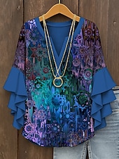 preiswerte Damen Boho Tops-Damen Retro-Bluse mit geschichteten Rüschärmel Vintage Grafisch Abstrakt Bohemia Vintage Tägliche 3/4-Ärmel V-Ausschnitt Reguläre Tops Tägliche Urlaubsferien Bekleidung Print Rot Blau Lila Grün Sommer