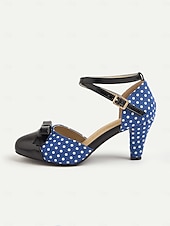 halpa 1950-luvun retrotyyli-Naisten tummansiniset pilkulliset 1950-luvun vintage-nilkkaremmillä varustetut korkokengät, joissa musta rusetti ja retrokorko, pin-up-tyyliin, teekutsuille ja erityistilaisuuksiin