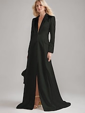preiswerte Bodenlänge-Blazer Kleid A-Linie Brautmutterkleid Smokingkleid Elegant Einfach Luxuriös V-Ausschnitt Mit Revers Bodenlang Satin Langarm mit Falten