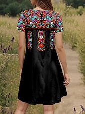 billige Boho-kjoler-Dame Mini kjole T skjortekjole Solkjole Sommerkjole Ferie Fritid Bohem Daglig Ut på byen Normal Grafisk Paisly Kortermet V-hals Svart Sommer