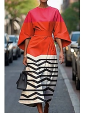 ieftine Tipăriți rochii florale-Pentru femei Rochie Lunga Rochie Maxi Rochie casual Rochie de vară Modă Modern Zilnic Dată Sfârșit de săptămână Fit regulat Geometric Lungime Manșon 3/4 Stil Nautic Plin de Culoare Negru Alb Galben