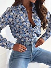preiswerte Boho Tops-Damen Hemd Boho-Hemd Bluse Blume Modern Boho Langarm Hemdkragen Normale Oberteile Ferien Ausgehen Druck Weiß Königsblau Blau Braun Khaki Sommer