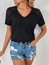 ieftine tricou simplu-Pentru femei Tricou Simplu Modă Stilat Modern Manșon scurt În V Topuri obișnuite Zilnic Sfârșit de săptămână Dantelă Peteci Negru Alb Roșu-aprins Trifoi Vară