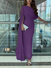 preiswerte BLAU-Sheath Abendkleid elegantes Kleid formelles Fall-Sweep-/Pinselzug ärmelloses Cowl-Ausschnitt Chiffon mit Feder Raffung Schlitz 2025
