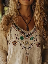 abordables Tops bohèmes-Femmes Chemisier occidental Chemise Bohème Chemisier Fleur Moderne Occasionnel manche longue Col en V Hauts Réguliers Quotidien Fête Sortir Imprimé Abricot Été
