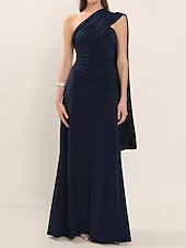 preiswerte BLAU-A-Linie Abendkleid Elegant Kleid Formell Hochzeitsgast Bodenlang Ärmellos Ein-Schulter Jersey mit Gerafft 2025