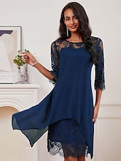 abordables Robe Simple-robe d&#039;invitée de mariage pour femme robe unie robe midi dentelle mousseline patchwork décontracté col rond manches 3/4 robes de cocktail robes formelles couleur bleue