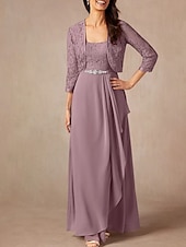 billiga Golvlängd-Tvådelad A-linjeformad Mor till Brud-Klänning Bröllopsgäst Elegant Söt Rundhalsad Golvlängd Chiffon Spets 3/4 Längd Ärmar med Spetspärlor Volanger