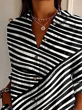 economico Top a Righe e Geometrici per Donne-Camicia da donna Button Down Tunic Camicia colletto manica lunga grafica geometrica a righe vintage tropicale quotidiano regolare tops lavoro quotidiano s stampa nera primavera
