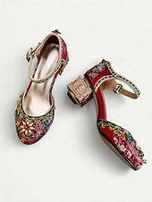 abordables Barroco &amp; Declaración-Tacones de bloque bordados barrocos de mujer estilo real dorado inspirado en el Gatsby de los años 1920 con adornos de piedras preciosas para ocasiones formales escénicas y de vestuario