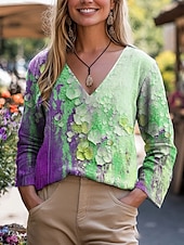 billige Blomstrete topper-Dame Bluse Blomstret Grafisk Planter Stilfull Fritid 3/4 ermer V-hals Vanlige topper Daglig Rosa Blå Grønn Sommer Vår