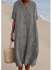 economico Abiti a Strisce e Geometrici-Per donna Abito Midi Vestito Estivo Abito a trapezio Vacanza Casual Spiaggia Feste Uscire Spiaggia Vestibilità comoda Grafico Geometrico A righe Mezza Manica Scollo a V Giallo Blu Grigio scuro Estate