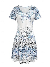 preiswerte Blumenkleider-Damen Minikleid T-Shirt-Kleid Sommerkleid A Linie Kleid Urlaub Lässig Boho Ausgehen Strand Normale Passform Blumen Grafik Kurzarm V Ausschnitt Blau Sommer Frühling